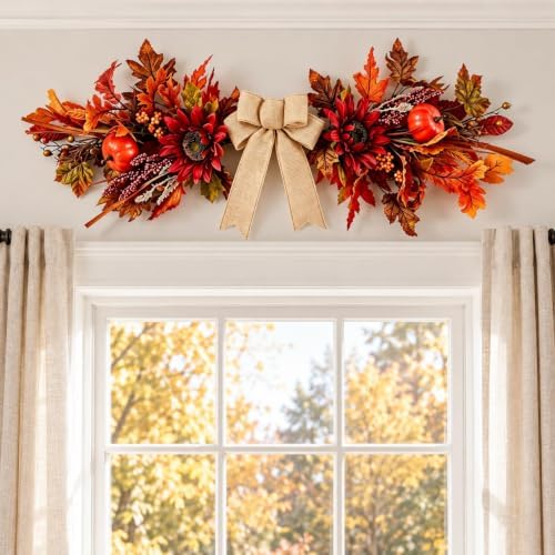 24Inch Artificial Fall Floral Swags Wreaths for Front Door Autumn Sunflower Flowers Pumpkin Berries Maple Leaf, alternate