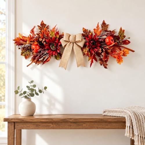 24Inch Artificial Fall Floral Swags Wreaths for Front Door Autumn Sunflower Flowers Pumpkin Berries Maple Leaf, alternate
