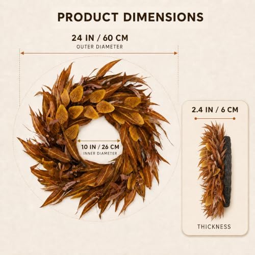 24Inch Artificial Fall Wreath for Front Door Decor Money Leaf Olive Branch in Tan, alternate view 3