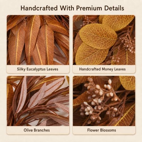 24Inch Artificial Fall Wreath for Front Door Decor Money Leaf Olive Branch in Tan, alternate view 4