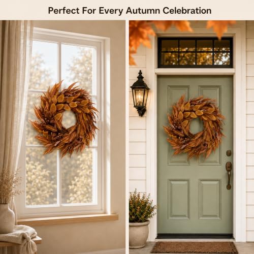 24Inch Artificial Fall Wreath for Front Door Decor Money Leaf Olive Branch in Tan, alternate view 5