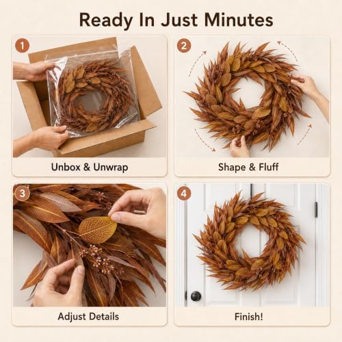 24Inch Artificial Fall Wreath for Front Door Decor Money Leaf Olive Branch in Tan, alternate view 6