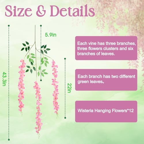 24Pack Wisteria Hanging Flower Garland 3.6Ft Artificial Arch Flower Pink in Pink, alternate view 5