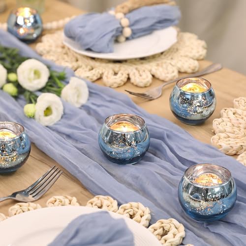 24PCS Blue Votive Candle Holder Bulk, Round Mercury Glass Votives in Blue, alternate view 5