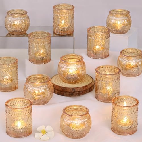 24Pcs Gold Votive Candle Holders - Glass Candle Holder Bulk for Table Centerpiece, Tea Lights Candle Holders for
