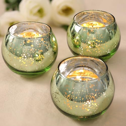 24PCS Green Votive Candle Holder Bulk, Round Mercury Glass Votives in Green