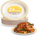 24PCS Ivory Oval Plastic Plates for Party Wedding Thanksgiving in 13 Inches in Ivory And Gold