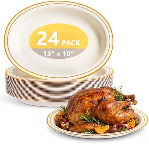 24PCS Ivory Oval Plastic Plates for Party Wedding Thanksgiving in 13 Inches in Ivory And Gold