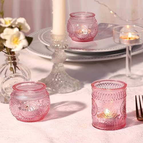 24Pcs Pink Votive Candle Holders- Glass Candle Holders Bulk for Flameless LED Tea Waxes, Romantic Candle Holder, alternate