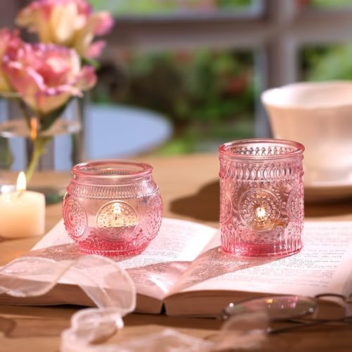 24Pcs Pink Votive Candle Holders- Glass Candle Holders Bulk for Flameless LED Tea Waxes, Romantic Candle Holder, alternate