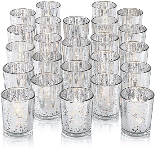 24Pcs Silver Votive Candle Holders for Table - Mercury Glass Votives Silver Candle Holder - Tealight Candle