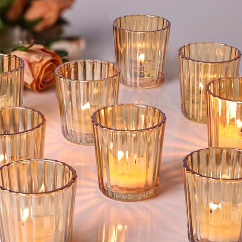 24PCS Vintage Ribbed Gold Votive Candle Holders, Glass Candle Holder for Wedding Decorations, Tealight Candle