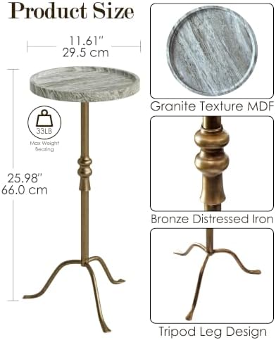 25.6" Vintage Round Pedestal End Table, Iron with Tray Top (Grey Marble), alternate view 2