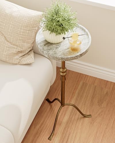 25.6" Vintage Round Pedestal End Table, Iron with Tray Top (Grey Marble), alternate view 4