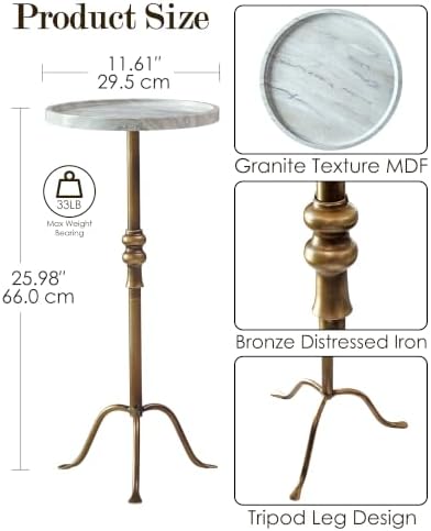 25.6" Vintage Round Pedestal End Table, Iron with Tray Top (White Marble), alternate view 2