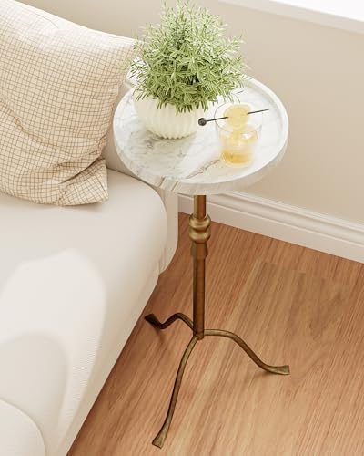 25.6" Vintage Round Pedestal End Table, Iron with Tray Top (White Marble), alternate view 4