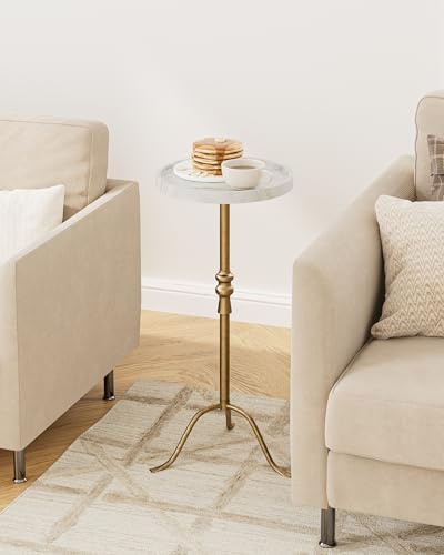 25.6" Vintage Round Pedestal End Table, Iron with Tray Top (White Marble), alternate view 5