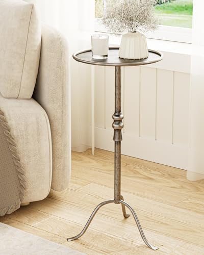 25.6" Vintage Round Pedestal End Table with Tray Top, Antique