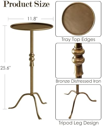25.6" Vintage Round Pedestal End Table with Tray Top, Bronze, alternate view 2