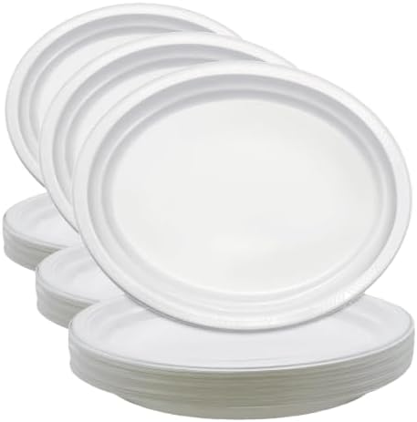 25 Count White Plastic Plates for Graduation Party - Oval White Disposable Plates for Birthday, BBQ, Picnic