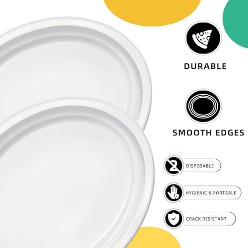 25 Count White Plastic Plates for Graduation Party - Oval White Disposable Plates for Birthday, BBQ, Picnic, alternate view 4