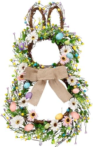 25 Inch Easter Bunny Shaped Artificial Flower Wreath with Colorful Berries Daisies Greenery Bow Knot for Front