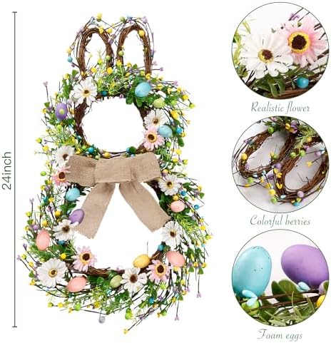 25 Inch Easter Bunny Shaped Artificial Flower Wreath with Colorful Berries Daisies Greenery Bow Knot for Front, alternate