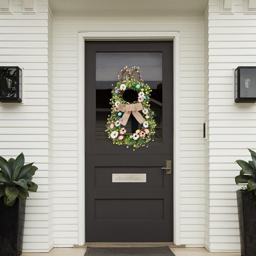 25 Inch Easter Bunny Shaped Artificial Flower Wreath with Colorful Berries Daisies Greenery Bow Knot for Front, alternate