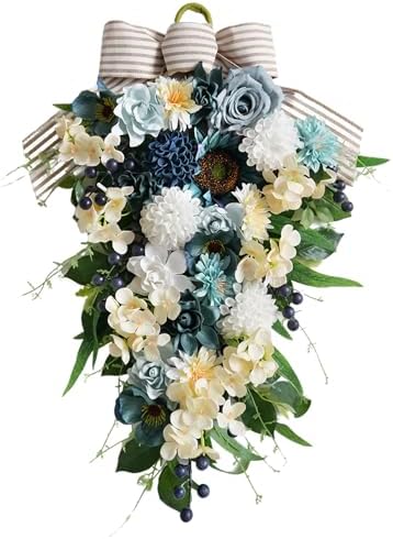 25 Inch Spring Blue Rose Door Hanging Artificial Floral Swag for Front Door Window Porch Stair Railing Spring