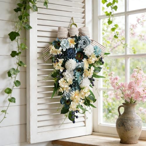 25 Inch Spring Blue Rose Door Hanging Artificial Floral Swag for Front Door Window Porch Stair Railing Spring, alternate view