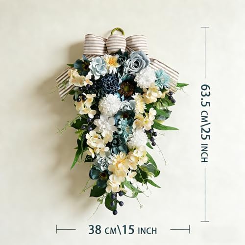 25 Inch Spring Blue Rose Door Hanging Artificial Floral Swag for Front Door Window Porch Stair Railing Spring, alternate view