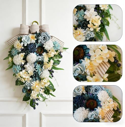 25 Inch Spring Blue Rose Door Hanging Artificial Floral Swag for Front Door Window Porch Stair Railing Spring, alternate view