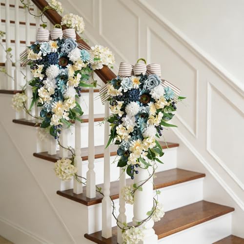 25 Inch Spring Blue Rose Door Hanging Artificial Floral Swag for Front Door Window Porch Stair Railing Spring, alternate view