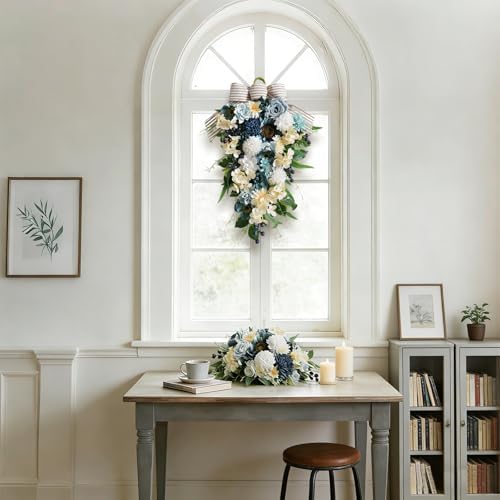 25 Inch Spring Blue Rose Door Hanging Artificial Floral Swag for Front Door Window Porch Stair Railing Spring, alternate view