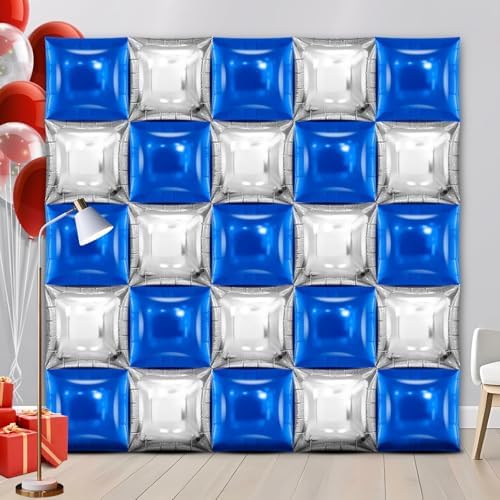 25 PCS 19inches Blue and Silver Square Foil Balloons Wall | Double Sided Cube Balloons Tunnel Arch Kit - Ideal