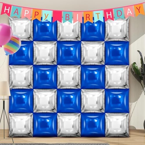 25 PCS 19inches Blue and Silver Square Foil Balloons Wall | Double Sided Cube Balloons Tunnel Arch Kit - Ideal, alternate