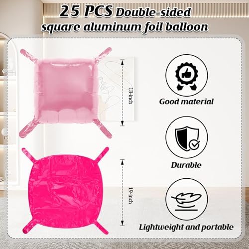 25 PCS Rose Red & Pink Square Foil Balloons Wall Backdrop- Arch Tunnel Decorations for Birthdays Graduation, alternate view 2