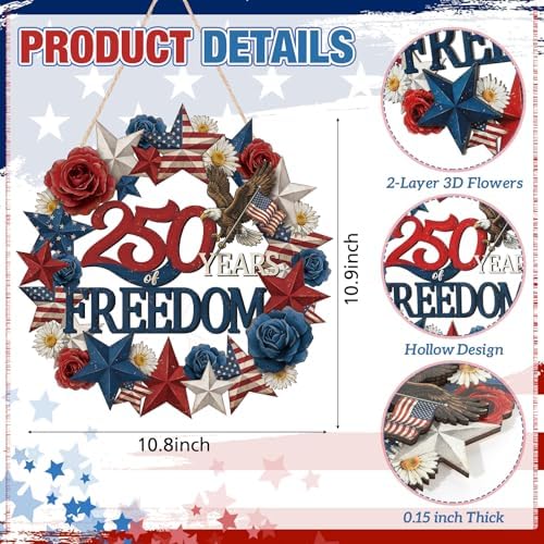 250 Anniversary 4th of July Wreath Patriotic Decorations Wreath for Front Door 250 Years of Freedom Wood Door, alternate view