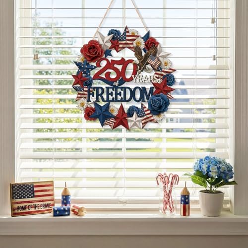 250 Anniversary 4th of July Wreath Patriotic Decorations Wreath for Front Door 250 Years of Freedom Wood Door, alternate view