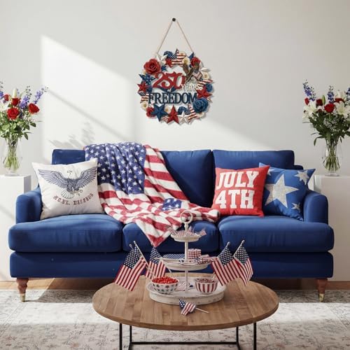 250 Anniversary 4th of July Wreath Patriotic Decorations Wreath for Front Door 250 Years of Freedom Wood Door, alternate view