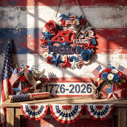250 Anniversary 4th of July Wreath Patriotic Decorations Wreath for Front Door 250 Years of Freedom Wood Door, alternate view