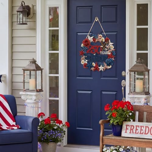 250 Anniversary 4th of July Wreath Patriotic Decorations Wreath for Front Door 250 Years of Freedom Wood Door, alternate view