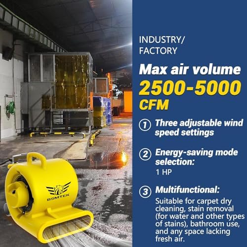 2500-5000 CFM 1HP Air Mover Blower Fan, Floor Blower Dryer, 3 Speeds, 4 Adjustable Angles, Handle Wheelkit, 15Ft, alternate