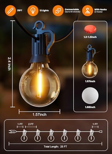 25FT 13 LED Outdoor String Lights, G40 Shatterproof String Lights, IP65 Waterproof Connectable Outside Patio, alternate view