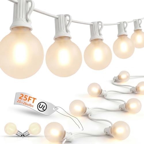 25Ft G40 LED Frosted White String Lights Outdoor with 27 Shatterproof Globe Bulbs Patio Lights White Wire