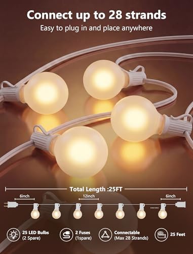 25Ft G40 LED Frosted White String Lights Outdoor with 27 Shatterproof Globe Bulbs Patio Lights White Wire, alternate view 2
