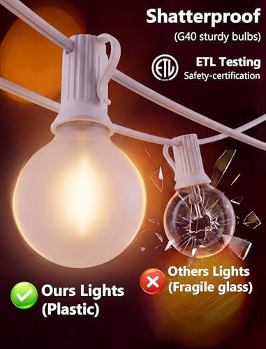 25Ft G40 LED Frosted White String Lights Outdoor with 27 Shatterproof Globe Bulbs Patio Lights White Wire, alternate view 5