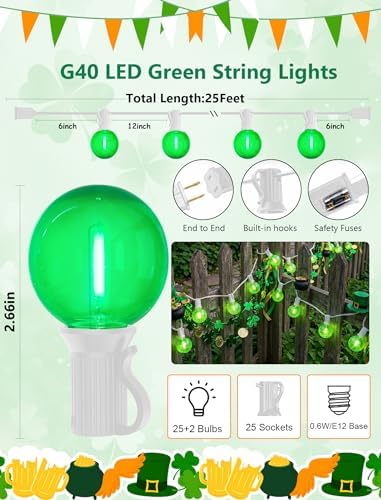 25FT G40 LED Green String Lights Outdoor with 27 Shatterproof Globe Bulbs, alternate view 2
