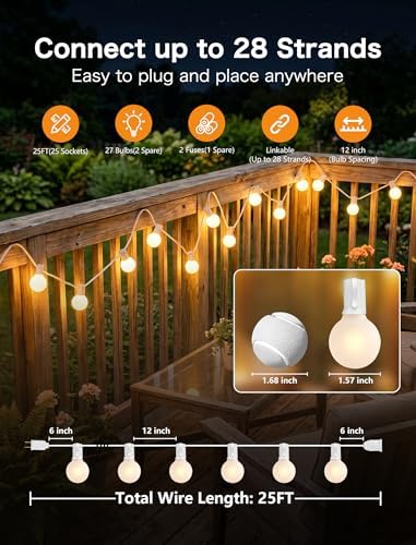 25FT G40 LED Outdoor White String Lights with 27 White Solid Shatterproof Globe Bulbs (2 Spare), Outdoor Hanging, alternate