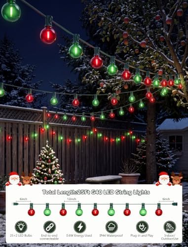 25Ft G40 LED Red Green Outdoor String Lights, 27 Shatterproof Globe Bulbs, alternate view 2